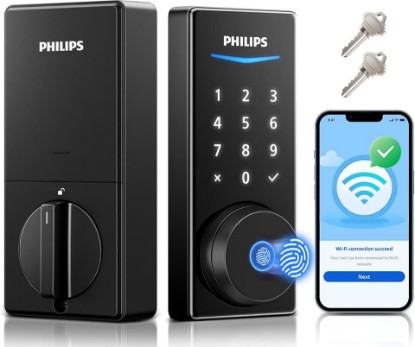 Picture of PHILIPS Wi-Fi Smart Door Lock, Fingerprint Door Lock | APP Remote Unlock, Alexa Google Voice, 100 User Codes, Anti-Peep, Backlit Touchscreen, Waterproof, Includes 8 Batteries