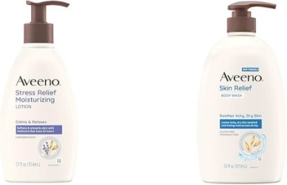 Picture of Aveeno Daily Stress Relief Lavender Body Lotion and Fragrance-Free Body Wash Bundle for Sensitive Skin, 12 fl oz and 33 fl oz