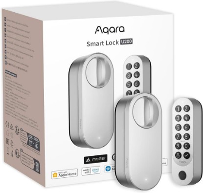 Picture of Aqara Smart Retrofit Lock U200 with Apple Home Key & Fingerprint, Silver | Keypad Included, Rechargeable Battery, Matter over Thread, Supports Apple Home, Alexa, SmartThings, Keyless Entry Door Lock