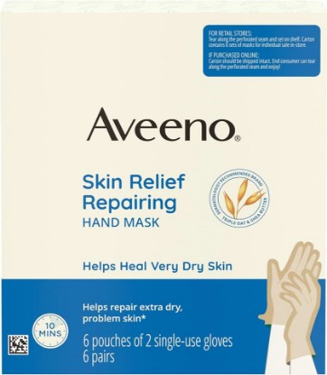 Picture of Aveeno Skin Relief Repairing Hand Mask, Fragrance Free, 6 Pairs | Moisturizing Gloves, Prebiotic Oat & Shea Butter, Very Dry Skin, Sensitive Skin, 6 Pairs of Single-Use Gloves