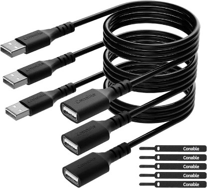 Picture of 3 Pack USB Extension Cable 6 FT, USB 2.0 Type A Male to Female Extender Cord Adapter, Compatible with Printer, Keyboard, Mouse, Flash Drive, Hard Drive, Controller, Black Cable with 5 Cable Ties