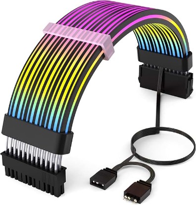 Picture of Sirlyr Black 24Pin 4-Side RGB PSU Cables Extension,5V 3Pin MB Sync | 4-side illuminated ARGB cable,silver-plated wires,24Pin ATX,5V 3Pin sync with motherboard for black PC builds