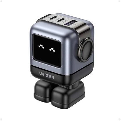Picture of UGREEN Uno 65W 3-Port USB C Charger Adapter, GaN Fast Charging Block, Black | Playful Robot Design, LED Display, Unique Gift, Fast Charging for MacBook, iPhone 17, Galaxy S26, Pixel, iPad, Steam Deck ClimatePartner certified