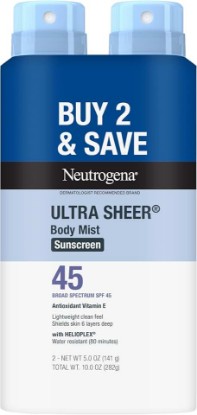Picture of Neutrogena Ultra Sheer Dry Touch Sunscreen Spray, SPF 45, 2 x 5 oz | Face & Body Sunscreen, Sweat & Water Resistant, Broad Spectrum UVA/UVB Sun Protection, Sunburn Prevention, Oxybenzone-Free