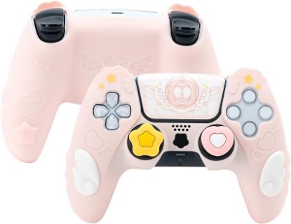 Picture of GeekShare PS5 Controller Skin Set,Silicone Protective Cover Skin Case for PS5 Wireless Controller with 2 Thumb Grip Caps and 2 Stickers - Star Wings Series (Pink)