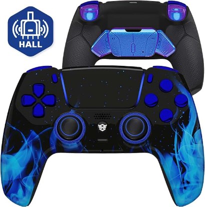 Picture of HEXGAMING RIVAL PRO Wireless Controller Compatible with ps5, Blue Flames | Hall Effect Joysticks, Mouse-Click Triggers & Bumpers, 4 Remappable Back Buttons, 8 Swappable Sticks, FPS Gaming