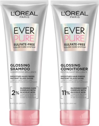 Picture of L’Oreal Paris Sulfate Free Glossing Shampoo and Conditioner Set with Glycolic Acid, Provides Intense Glass Shine & Smoothness, Suitable for Dull, Dry, and Color-Treated Hair, EverPure, 13.6 Fl Oz Set