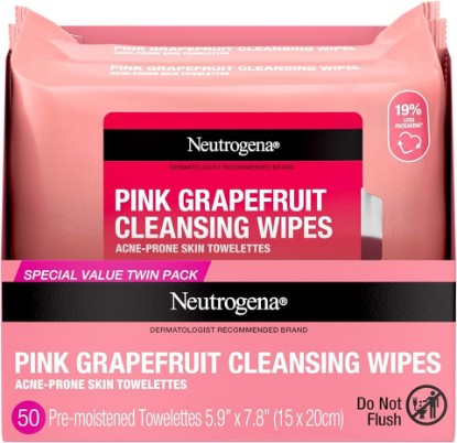 Picture of Neutrogena Makeup Remover Towelettes, Pink Grapefruit, 2 x 25 ct | Disposable Acne Face Towelettes to Remove Dirt, Oil, and Makeup for Acne Prone Skin