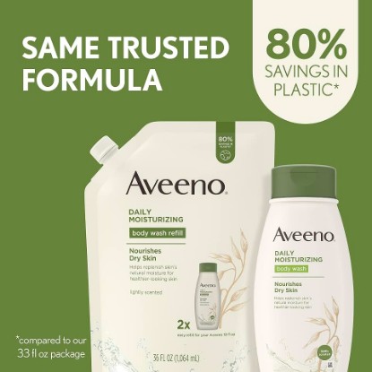 Picture of Aveeno Daily Moisturizing Body Wash, Soothing Oat, Refill, 36 Fl. Oz with Aveeno Daily Moisturizing Body Wash for Dry Skin