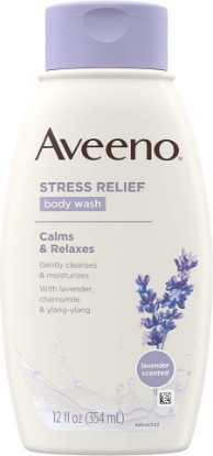 Picture of Aveeno Stress Relief Body Wash with Soothing Oat, Lavender, Chamomile & Ylang-Ylang Essential Oils, Dye- & Soap-Free Calming Body Wash for Shower Gentle on Sensitive Skin, 12 fl. oz