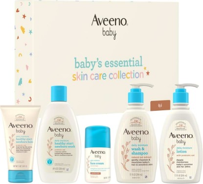Picture of Aveeno Baby Essential Skincare Gift Set, 5-Piece Collection | Wash and Shampoo, Daily Moisture Body Lotion, Face Moisturizer, Newborn Wash and Baby Balm