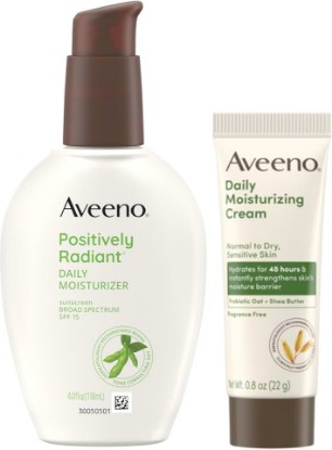 Picture of Aveeno Skincare Bundle, 2 Items | Positively Radiant Daily SPF 15 Facial Sunscreen Moisturizer, 4 fl oz + Soy, Travel Size Daily Moisturizing Cream