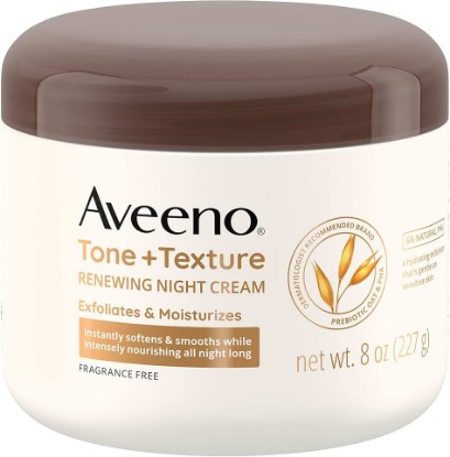 Picture of Aveeno Tone + Texture Renewing Body Night Cream, Fragrance Free, 8 oz | Prebiotic Oat, Gently Exfoliates & Moisturizes Sensitive Skin, Instantly Softens & Smooths