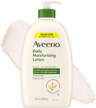 Picture of Aveeno Daily Moisturizing Body Lotion with Soothing Prebiotic Oat, Gentle Lotion for Women & Men Nourishes Dry Skin, Paraben-, Dye-, & Fragrance-Free, Non-Greasy, Non-Comedogenic, Value Size 33 Fl Oz GreenCircle Sustainable Energy Practices