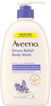 Picture of Aveeno Stress Relief Body Wash, Lavender Scent with Nourishing Prebiotic Oat, Sensitive Skin Body Wash for Normal to Dry Skin, Paraben-, Dye-, and Soap-Free, Value Size 33 Fl Oz