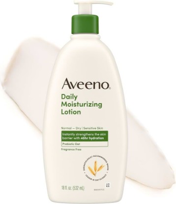Picture of Aveeno Daily Moisturizing Body Lotion for Normal to Dry Skin, Moisturizer with Soothing Prebiotic Oat, Non Greasy, Non Comedogenic, Fragrance Free Body Lotion for Women & Men, 18 Fl Oz GreenCircle Sustainable Energy Practices