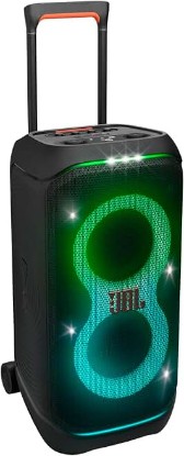 Picture of JBL PartyBox Stage 320 - Portable Party Speaker with Telescopic Handle & Wide, Sturdy Wheels, Powerful JBL Pro Sound, Futuristic lightshow, Up to 18 Hours of Play time, Splash Proof (Black) TUV Rheinland Recycled Material Verified