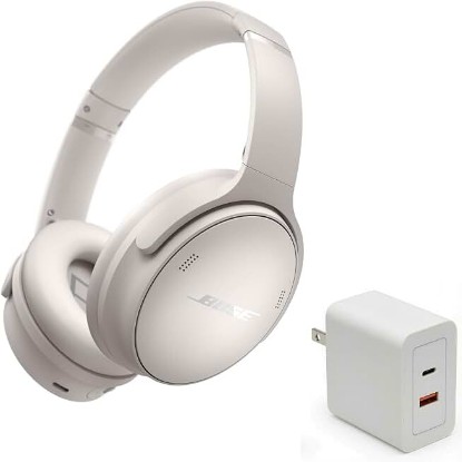 Picture of Bose QuietComfort Headphones Bundle with Fast Charger - Wireless Bluetooth Over-Ear Noise Cancelling Headphones with Mic, USB-C Charging, Deep Bass, Up to 24 Hours Playtime (White)