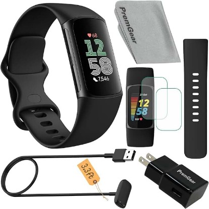 Picture of Fitbit Charge 6 Fitness Tracker Watch (Black) Bundle with 2 Watch Bands, 3.3foot Charge Cable, Wall Adapter, Screen Shields & Cloth Compatible with Fitbit