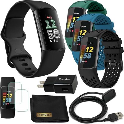 Picture of Fitbit Charge 6 Fitness Tracker Watch with Google apps (Black) Bundle with PremGear 3 Silicone Comfortable Watch Bands, 3foot Charge Cable, Adapter, Screen Shields & Cloth