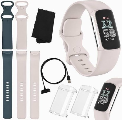 Picture of Fitbit Charge 6 Fitness Tracker (Bundle) – Heart Rate, GPS, Sleep & Stress Tracking + 2 Silicone Bands + 2 Protection Shields & Cleaning Cloth (Porcelain)