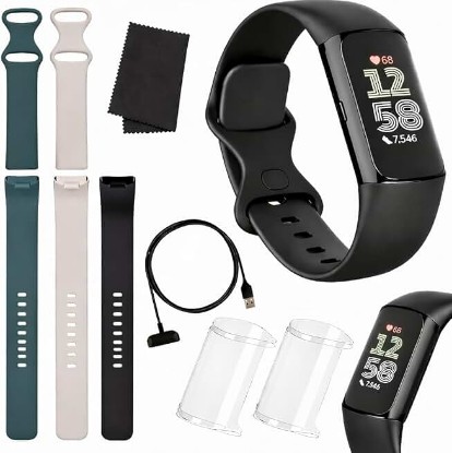 Picture of Fitbit Charge 6 Fitness Tracker (Bundle) – Black/Obsidian – Heart Rate, GPS, Sleep & Stress Tracking + Fast Charger, & Cleaning Cloth (Black)