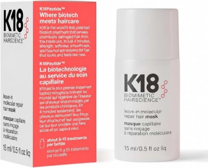 Picture of K18 Leave-In Molecular Repair Hair Mask, Patented K18PEPTIDE™ 4-Minute Peptide Hair Treatment for Bleach, Color, Chemical & Heat Damaged Hair, Strength, Smoothness & Frizz Control, 0.5 fl oz