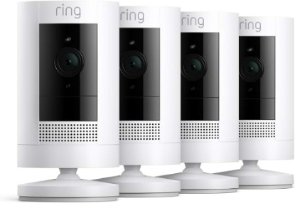 Picture of Ring Outdoor Cam (Stick Up Cam), Weather-resistant home or business security camera, outdoor ready, Live View, Color Night Vision, Two-Way Talk, motion alerts, Works with Alexa, 4-pack, White