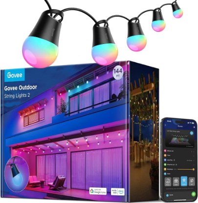 Picture of Govee Smart Outdoor String Lights 2, 144ft RGBIC Patio Lights with 45 Bulbs | Dimmable Warm White LED Bulbs, IP65 Waterproof, 47 Scene Modes for Backyard, Balcony, Work with Alexa, App Control