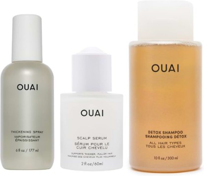 Picture of OUAI Thicker Hair Essentials - Hair Thickening Spray (6 Fl Oz), Scalp Serum (2 Fl Oz), Detox Shampoo (10 Fl Oz) - Volume, Strength & Scalp Health