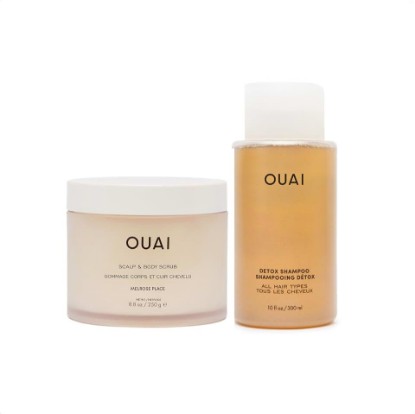 Picture of OUAI Detox Duo - Clarifying Detox Shampoo with Apple Cider Vinegar & Keratin + Foaming Scalp & Body Scrub Exfoliator that Cleanses and Removes Buildup - Sulfate-Free Hair Care (2 Count, 10 oz/8.8oz)