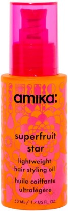 Picture of amika superfruit star lightweight hair styling + heat defense oil | heat protection, strengthen + reduce breakage, smooth frizz, add glossy shine | for all hair types