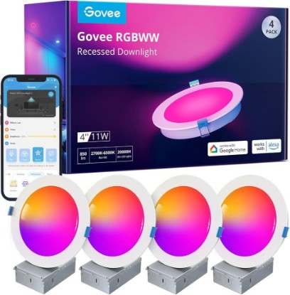 Picture of Govee Smart Recessed Lighting 4 Inch, LED Downlight 800 Lumen, 4 Pack | Work with Alexa & Google Assistant, Wi-Fi Bluetooth Direct Connect RGBWW Recessed Lighting with Junction Box for Bedroom