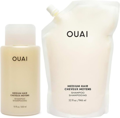 Picture of OUAI Medium Shampoo + Refill - Hydrating Shampoo with Coconut Oil, Babassu, Kumquat Extract and Keratin - Strengthens, Nourishes and Adds Shine - Sulfate Free Hair Care Products (2 Count, 10 Oz/32 Oz)