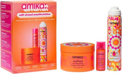 Picture of amika soft strand manifestation nourishing treat + style set | set for soft hair | for all hair types | full size soulfood, travel size perk up + superfruit star