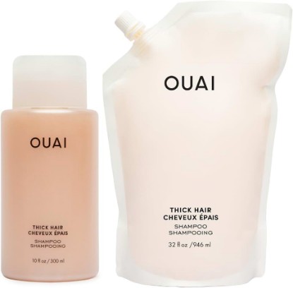 Picture of OUAI Thick Shampoo + Refill - Moisturizing Shampoo with Keratin, Marshmallow Root, Shea Butter & Avocado Oil for Thick Hair - Strengthens & Hydrates - Sulfate Free (2 Count, 10 Oz/32 Oz)