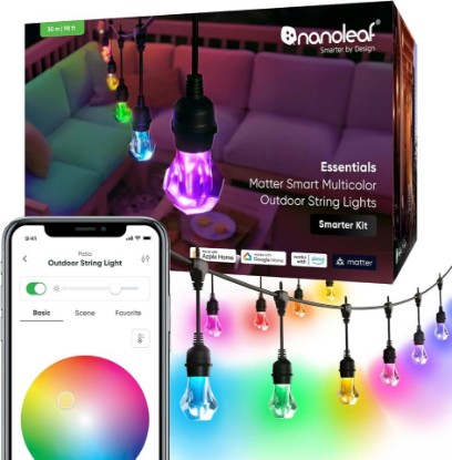 Picture of Nanoleaf Essentials Matter Smart Multicolor Outdoor String Lights, 40 Bulbs | IP65 Patio Lights with Addressable RGBICW LED Bulbs for Backyard, Garden, Compatible with Alexa, 98ft, Smarter Kit