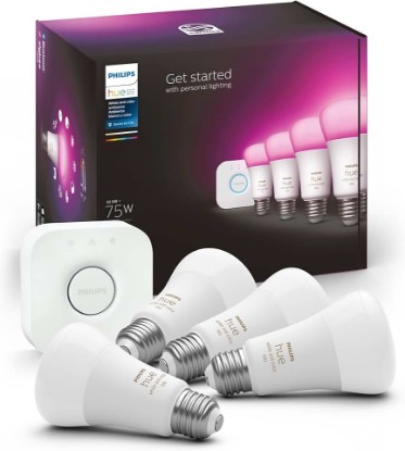 Picture of Philips Hue Smart Light Starter Kit - Includes (1) Bridge and (4) 75W A19 E26 LED Smart White and Color Ambiance Bulbs - Control with App - Compatible with Alexa, Google Assistant, and Apple HomeKit