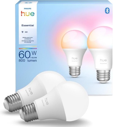 Picture of Philips Hue Essential Smart LED A19 Bulb, White and Color Ambiance, E26 Base, 8.8W, 2200K-6500K, 800 Lumens, Dimmable, Works with Alexa, Google, and Apple Home, 2-Pack