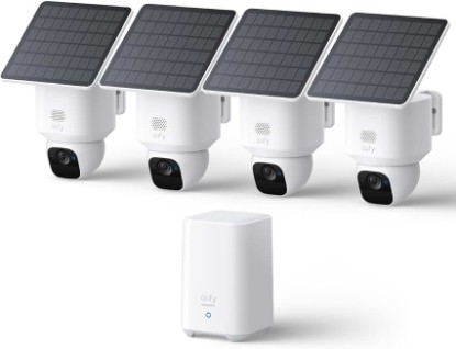 Picture of eufy Security SoloCam E30, 4-Cam Kit, 2K Solar Security Camera | 360° Coverage, Pan & Tilt, AI Tracking, 2K Clarity, No Monthly Fee, Built-in Local Storage (Up to 16TB) ClimatePartner certified