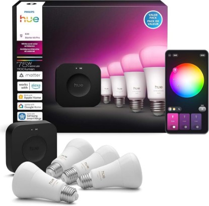 Picture of Philips Hue Starter Kit, Bridge Pro + 4 A19 E26 Smart Bulbs | White & Color Ambiance, Dimmable, Smart Light Hub, Works with Apple Home, Alexa, Google and Samsung SmartThings