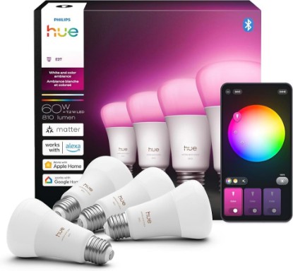 Picture of Philips Hue Smart LED A19 Bulb 4-Pack, White Color Ambiance, E26 Base, 7.2W, Full Spectrum Light 1000K-20000K, 810 Lumens, Dimmable, Works with Alexa, Google,& Apple Home