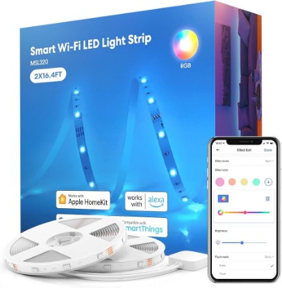 Picture of meross Smart LED Strip Lights, 32.8ft, Work with Apple HomeKit and Alexa | WiFi Strip Work with Google, SmartThings, Color Changing, App and Voice Control, RGB LED Lights for Room, Party, Festivals