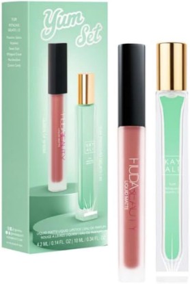 Picture of Huda Beauty Kayali Yum Gift Set - Pistachio Gelato | 33 Eau De Parfum Travel Size Spray (0.34 fl oz / 10 ml) and Matte Liquid Lipstick in Shade Queen of Sheba (0.14 fl oz / 4.2 ml)