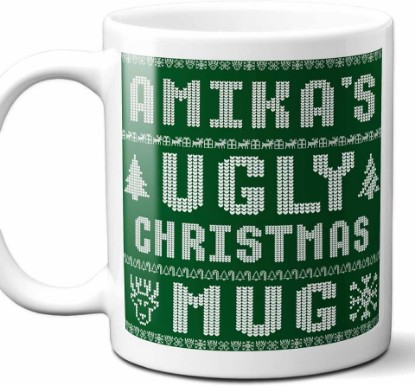 Picture of Amika Name Christmas Gift. Personalized Ugly Christmas Sweater Coffee Mug. Funny Custom Xmas Gift, Stocking Stuffer For Friends, Coworkers And Person Who Has Everything. 11 Ounces.
