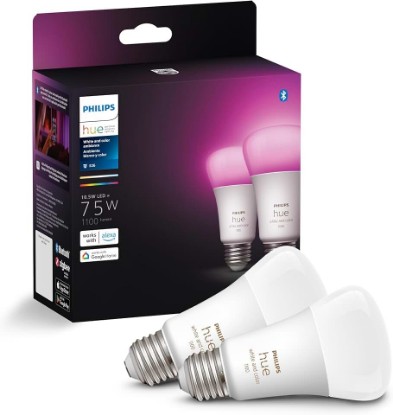 Picture of Philips Hue A19 LED Smart Light Bulbs - Flicker-Free 75w Light Bulbs - Control with Hue App - Compatible with Alexa, Google Assistant, and Apple HomeKit - E26 Base - 2 Pack