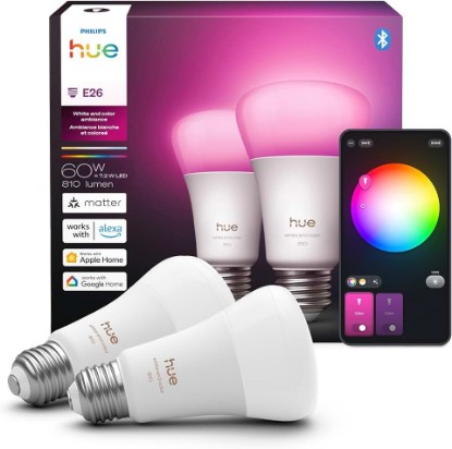 Picture of Philips Hue Smart LED A19 Bulb, 2-Pack | White Color Ambiance, Full Spectrum Light 1000K-20000K, 810 Lumens, Dimmable, Works with Alexa, Google& Apple Home