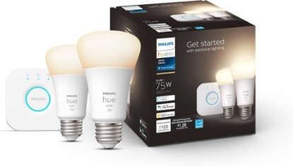 Picture of Philips Hue White Smart Light Starter Kit - Includes (1) Bridge and (2) 75W A19, E26 LED Smart Soft White Bulbs - Control with App - Compatible with Alexa, Google Assistant, and Apple HomeKit