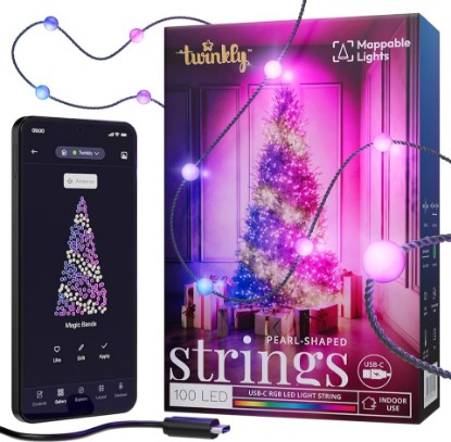 Picture of Twinkly Strings USB-C Pearl-Shaped Light String with 100 RGB LEDs. 20 Feet. Green Wire. App-Controlled. USB-C-Powered. Indoor Smart Home Lighting Decoration