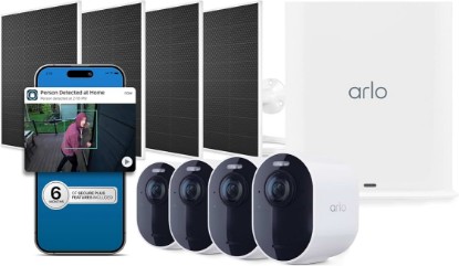 Picture of Arlo Ultra Security Camera 4K HDR (3rd Gen) - 4-Cam + 4 Solar + 6 Mo Plan | 4K HDR video; 180° field of view; SmartHub incl.; AI detection & event captions; Emergency response; 6-mo Secure plan incl.